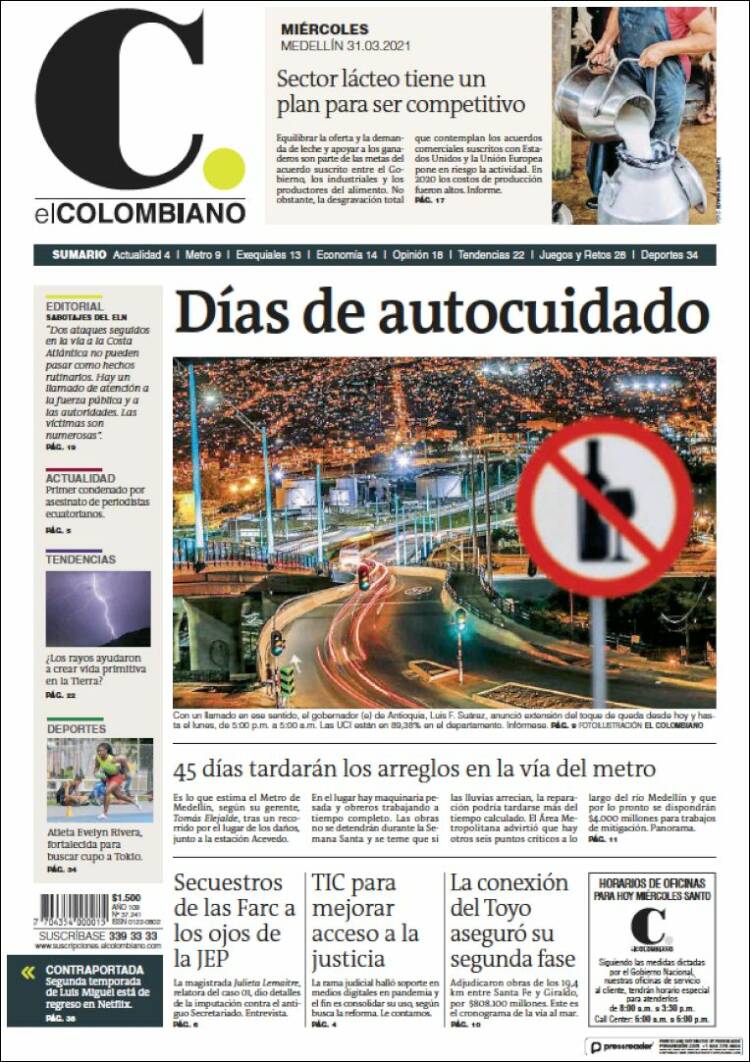 Portada de El Colombiano (Colombia)