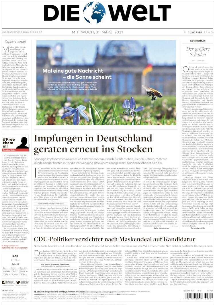 Portada de Die Welt (Alemania)