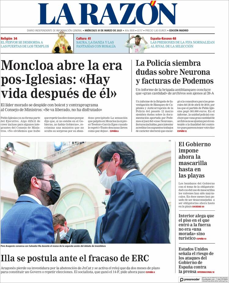 Portada de La Razón (España)