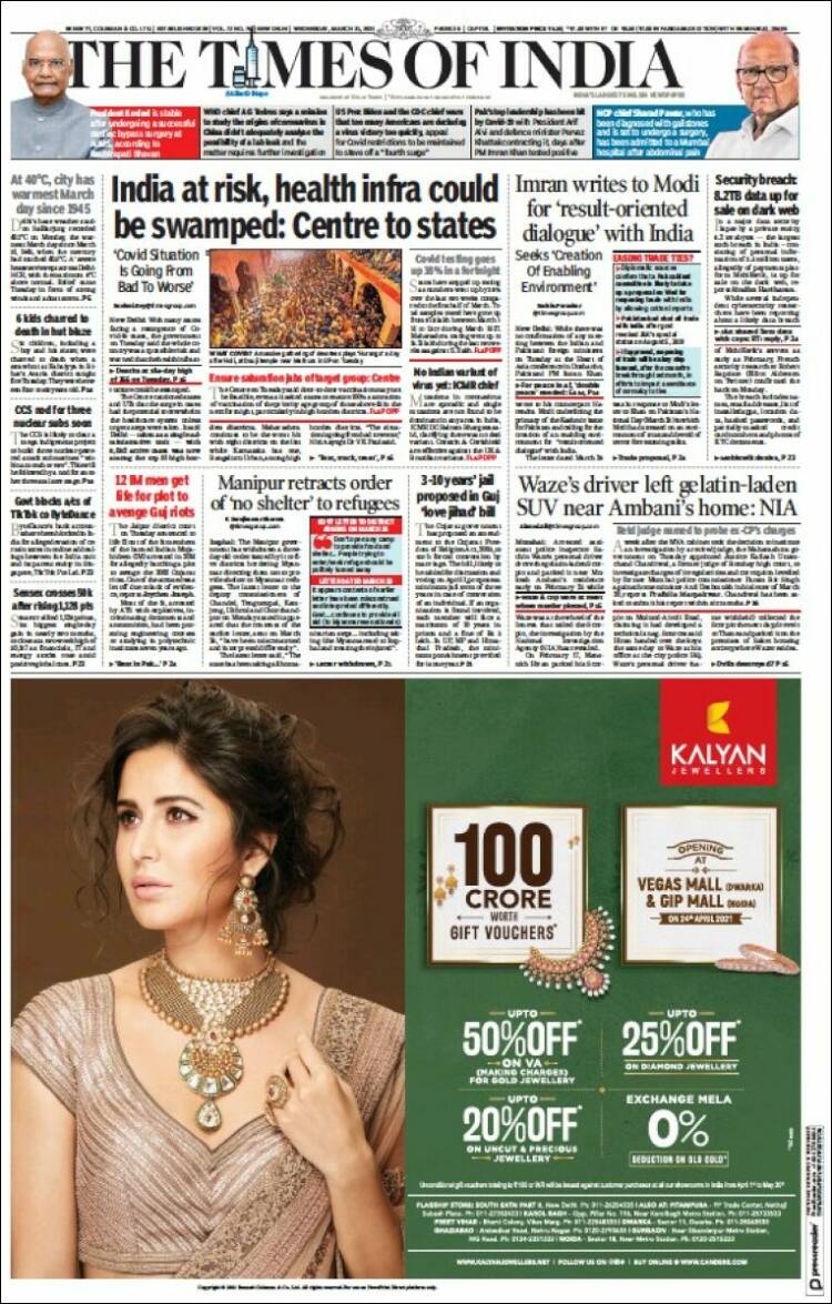 Portada de The Times of India (India)