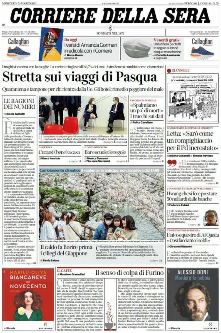 Portada de Corriere della Sera (Italia)