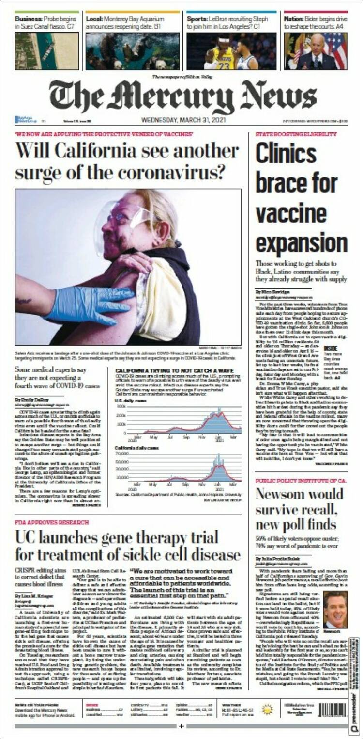 Portada de San Jose Mercury News (USA)