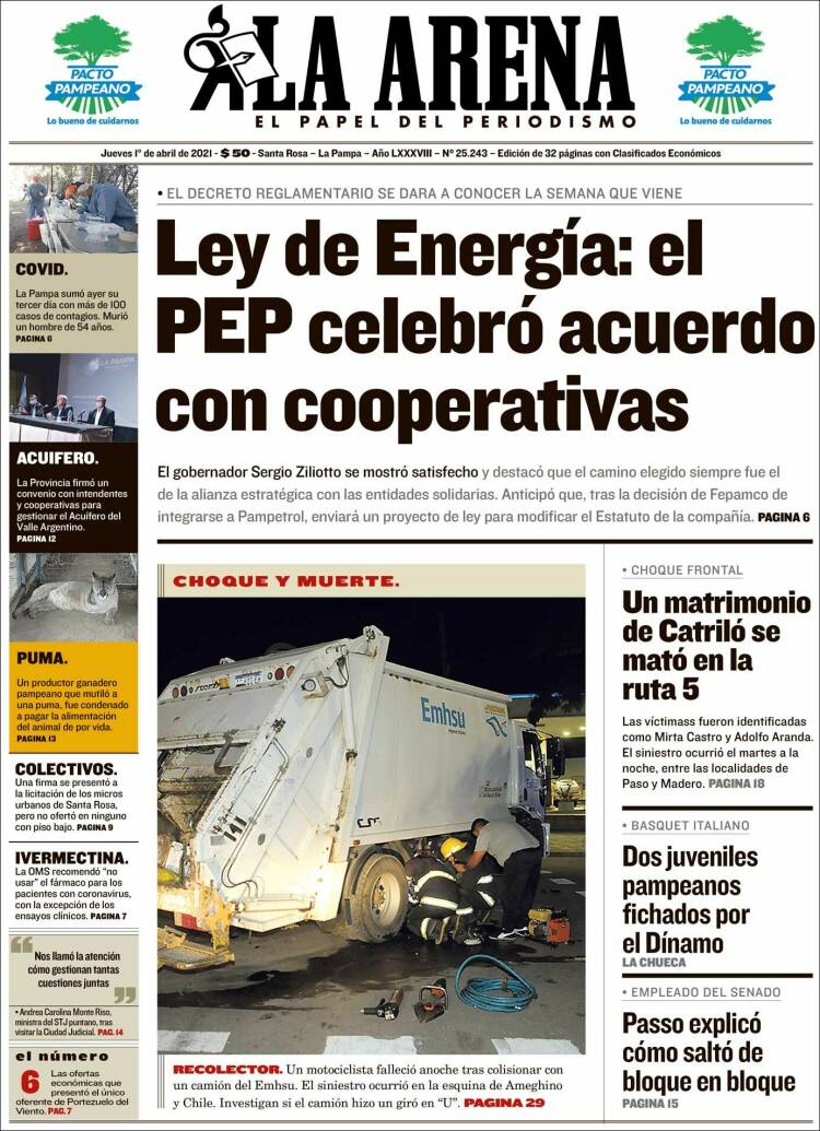 Portada de Diario La Arena (Argentina)