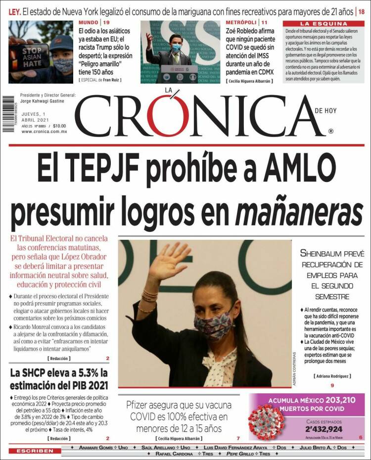 Portada de La Crónica de Hoy (México)