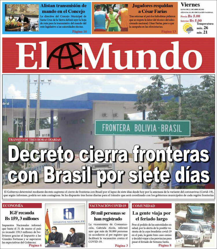 Portada de El Mundo (Bolivia)