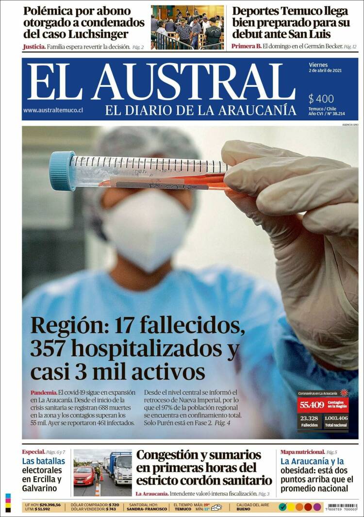 Portada de El Austral de Temuco (Chile)