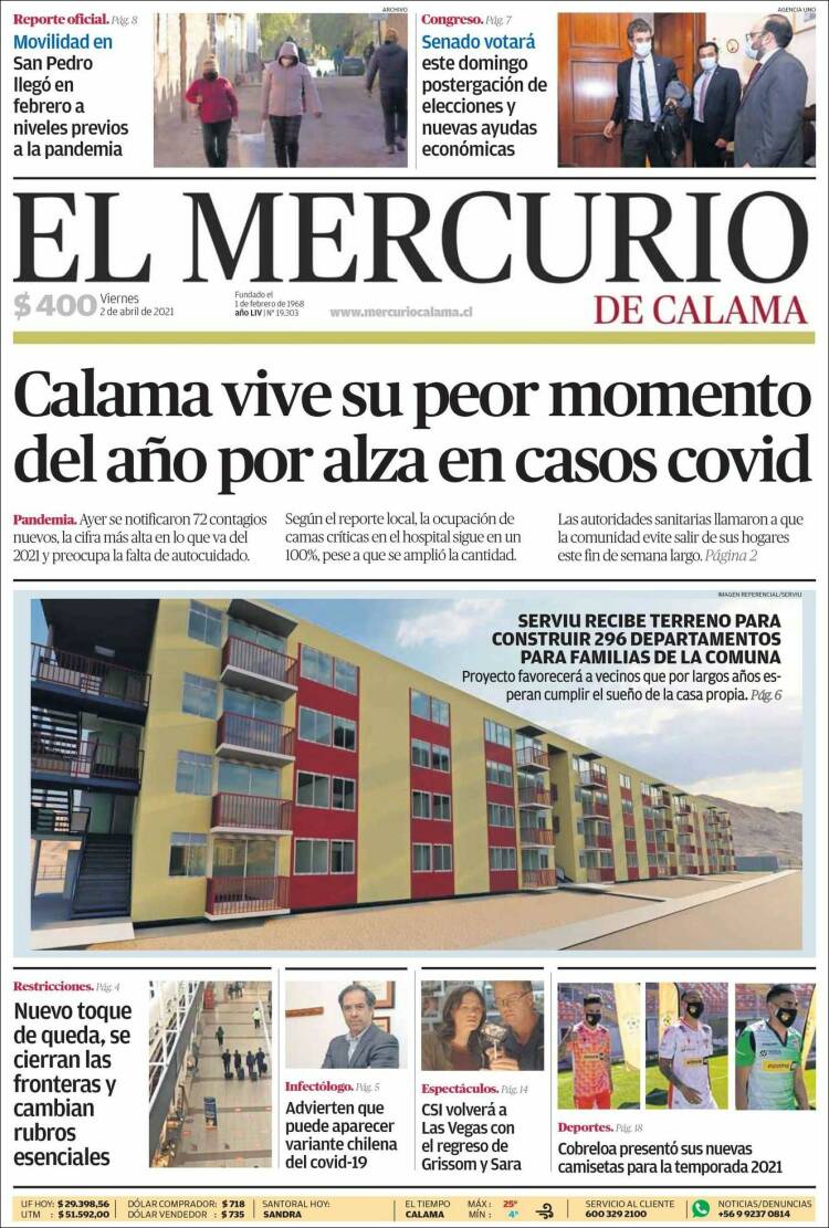 Portada de El Mercurio - Calama (Chile)