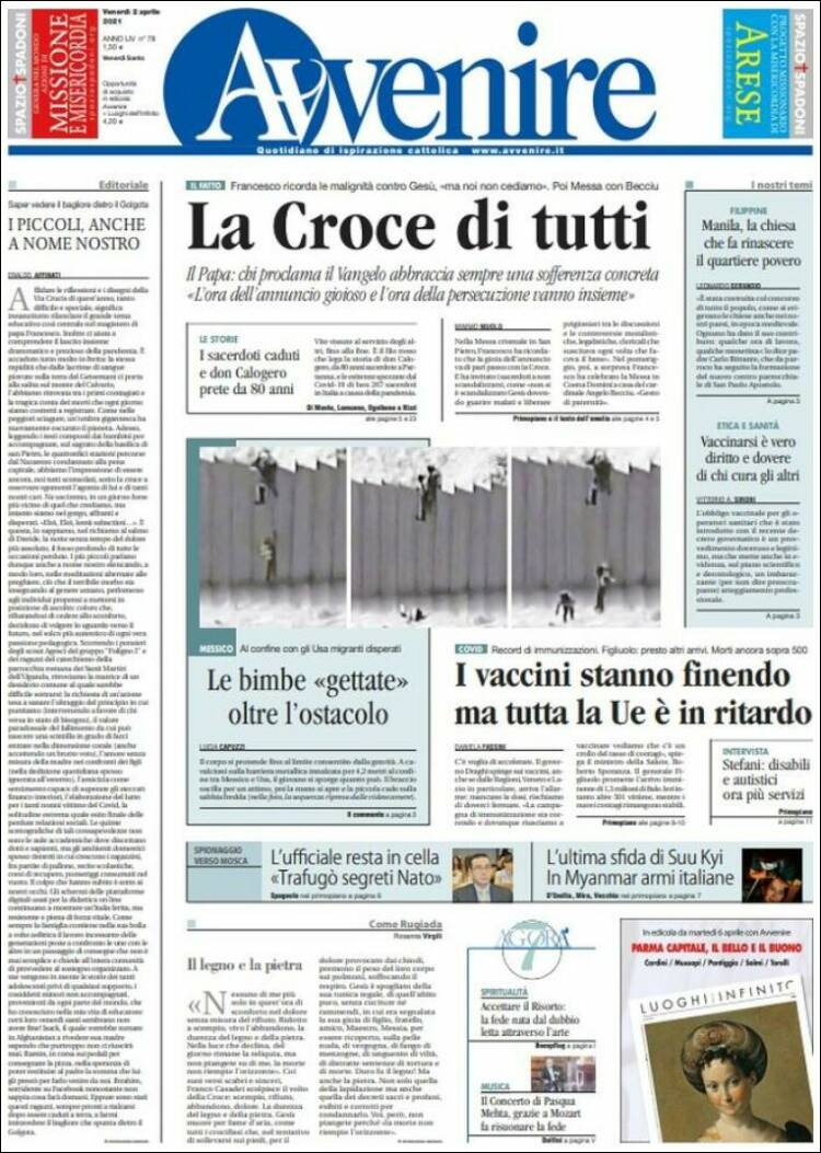 Portada de Avvenire (Italia)