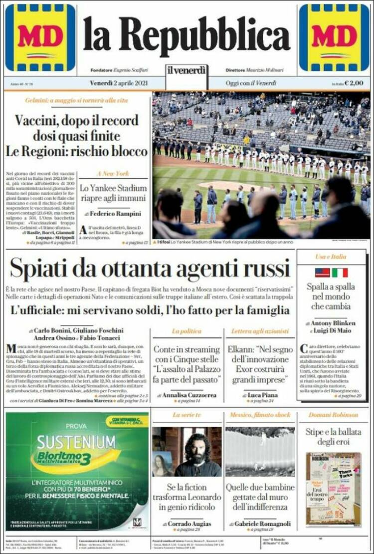 Portada de La Repubblica (Italia)