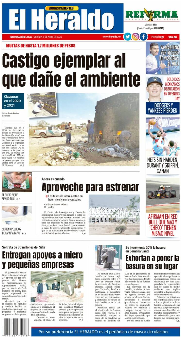 Portada de El Heraldo de Aguascalientes (México)