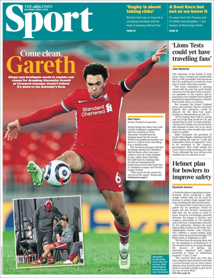 Portada de The Times Sport (Reino Unido)