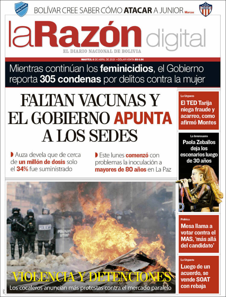 Portada de La Razón (Bolivia)