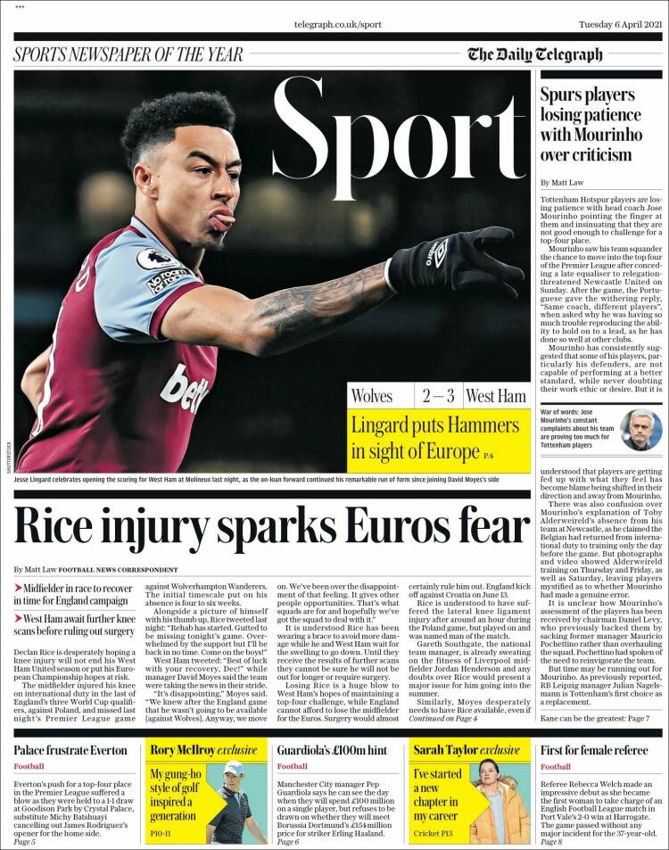 Portada de Telegraph Sport (Reino Unido)