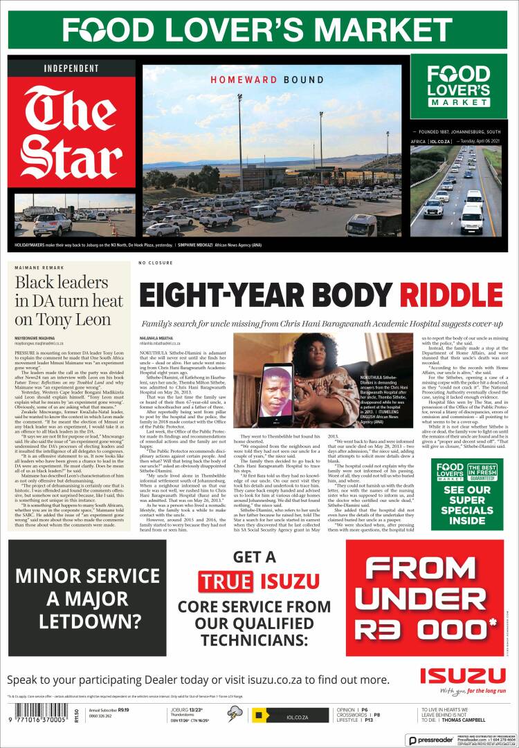 Portada de The Star (Sud&aacute;frica)