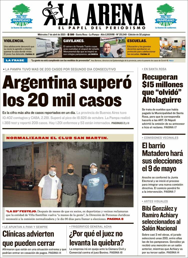 Portada de Diario La Arena (Argentina)