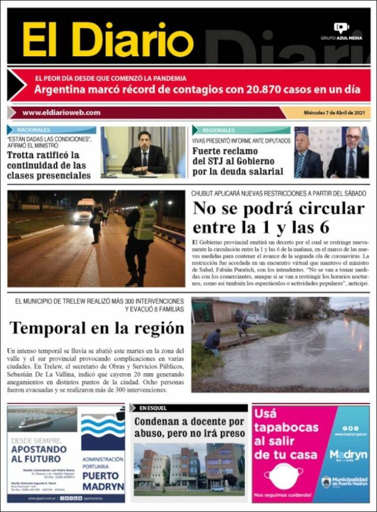 Portada de El Diario de Madryn (Argentina)