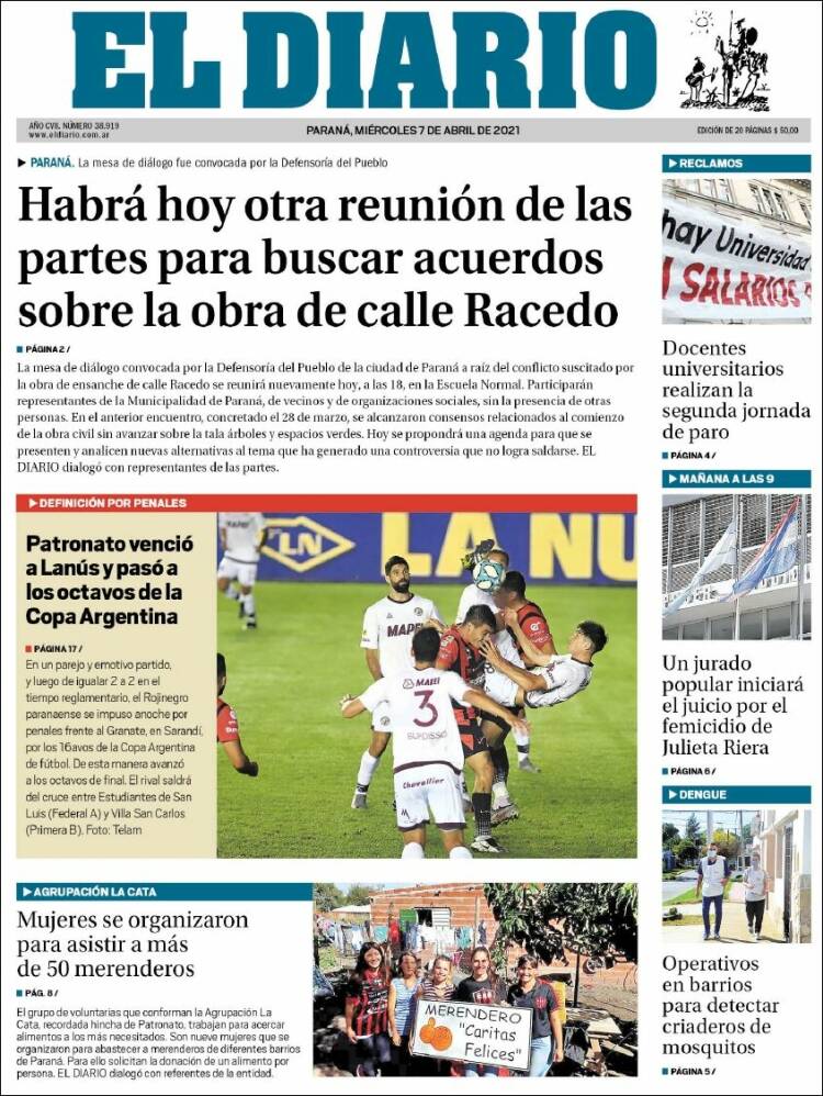Portada de El Diario de Paraná (Argentina)