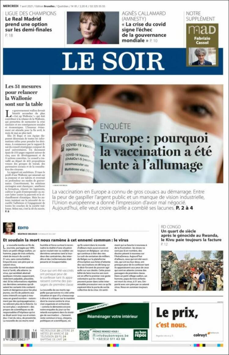 Portada de Le Soir (B&eacute;lgica)