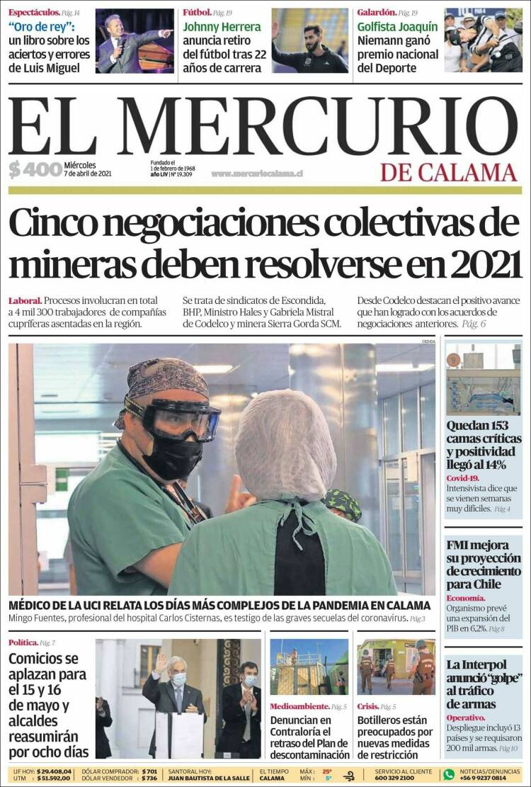 Portada de El Mercurio - Calama (Chile)