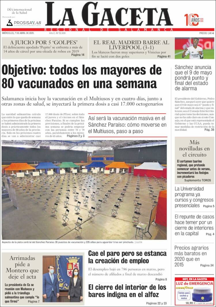 Portada de La Gaceta de Salamanca (España)