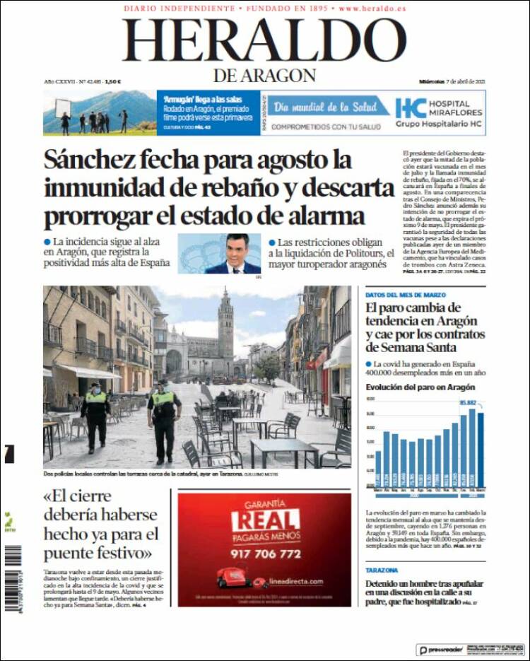 Portada de Heraldo de Aragón (España)
