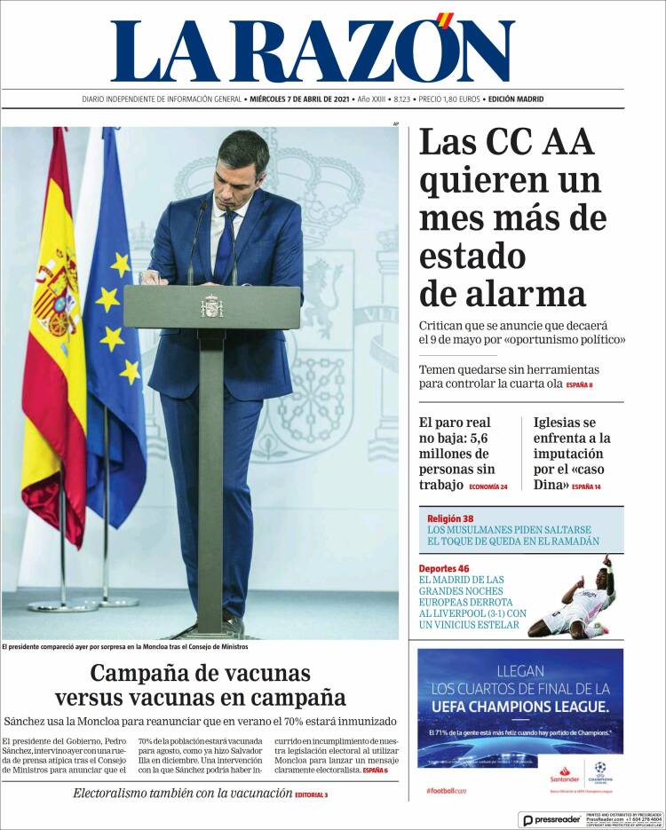 Portada de La Razón (España)