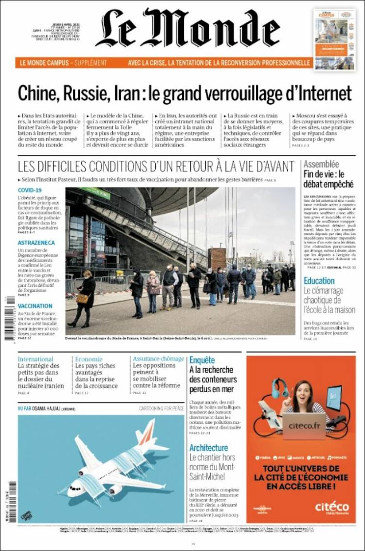 Journal Le Monde France Les Unes Des Journaux De France dition Du 