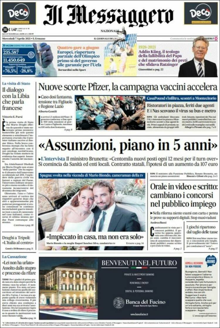 Portada de Il Messaggero (Italia)
