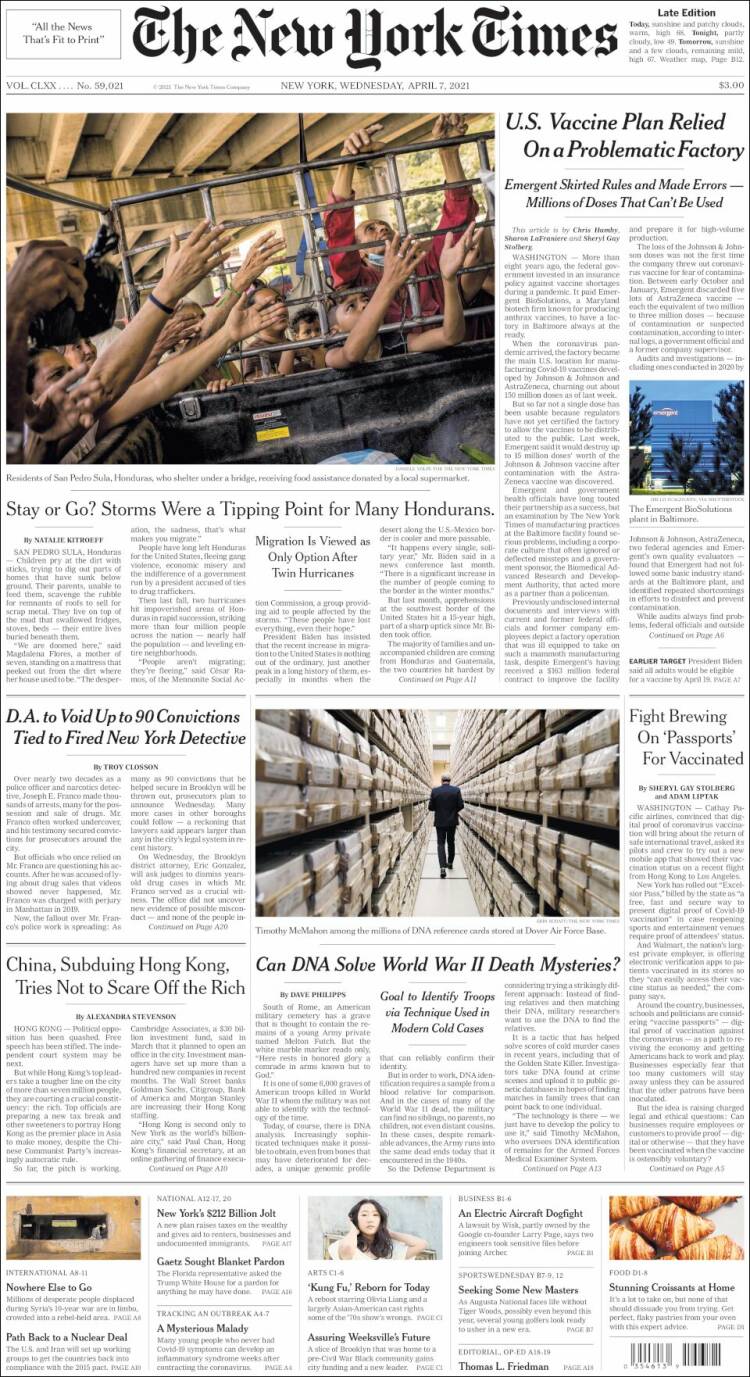 Portada de New York Times (États-Unis)