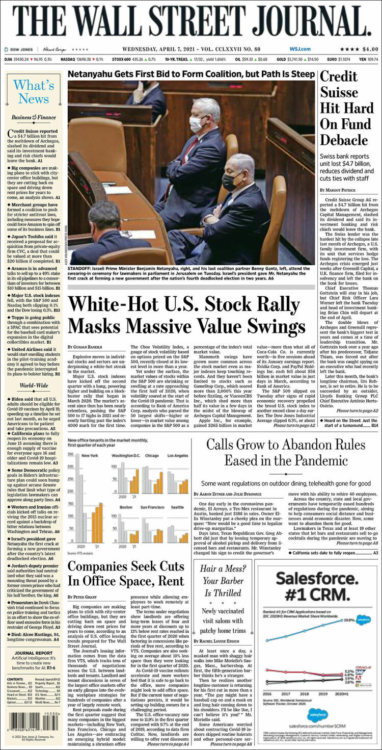 Portada de Wall Street Journal (États-Unis)