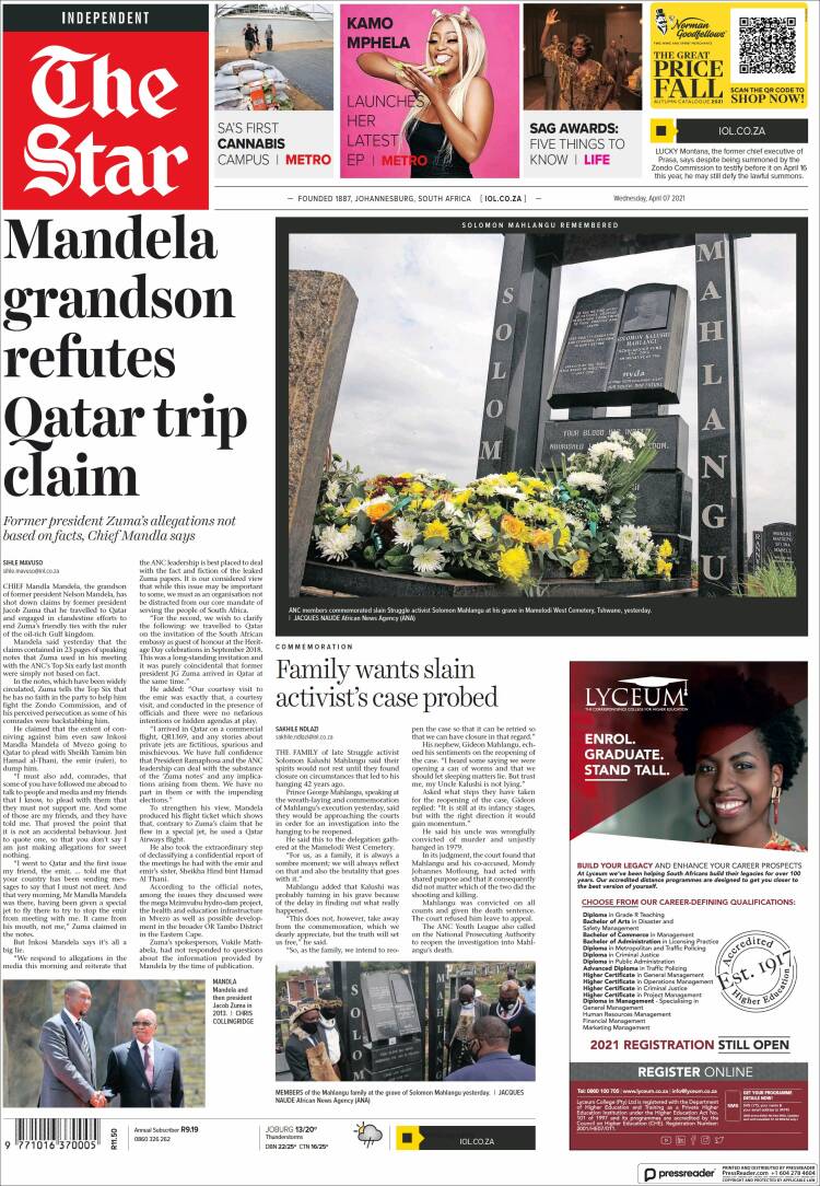 Portada de The Star (Sud&aacute;frica)