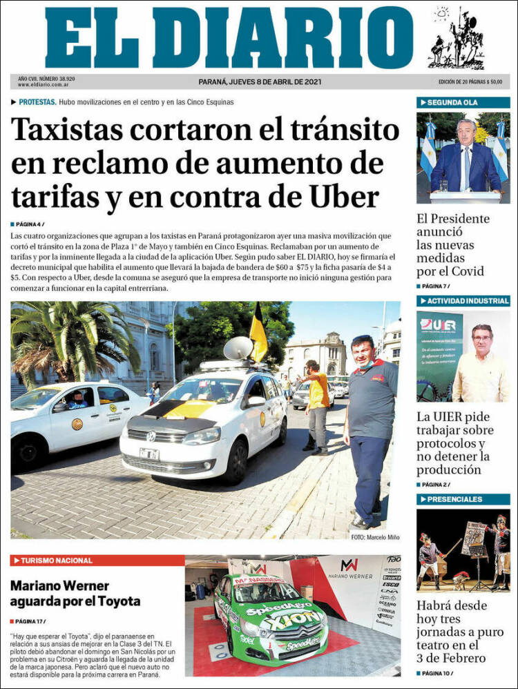 Portada de El Diario de Paraná (Argentina)