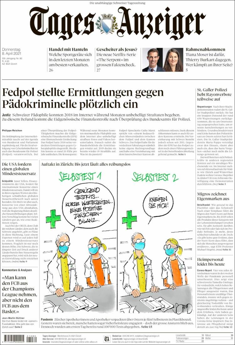 Portada de Tages-Anzeiger (Suiza)