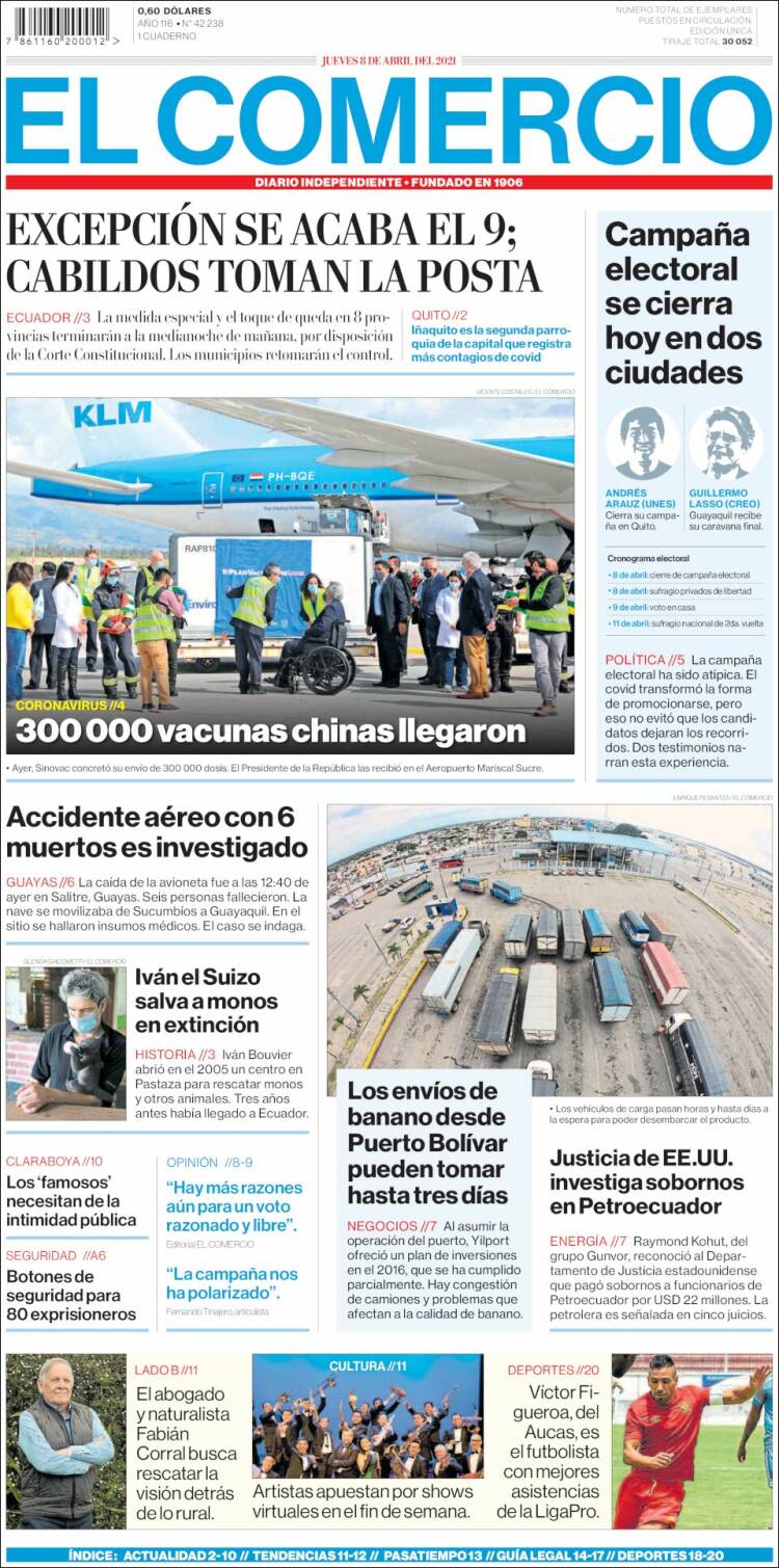 Portada de El Comercio (Ecuador)
