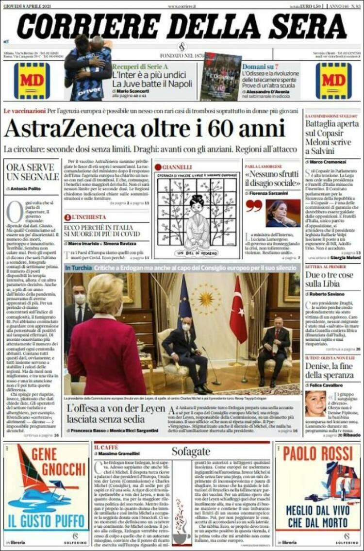 Portada de Corriere della Sera (Italia)
