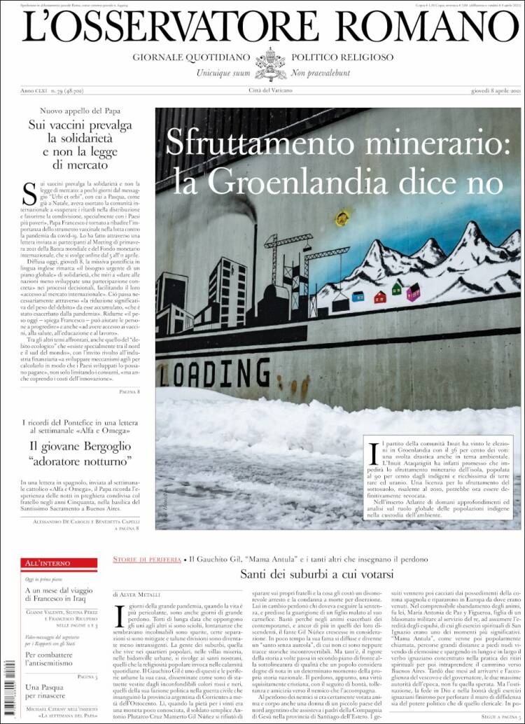 Portada de L'Osservatore Romano (Italia)