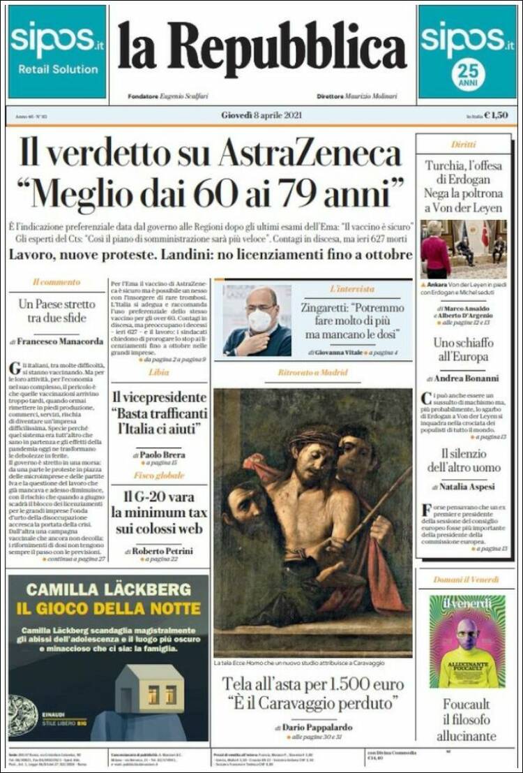 Portada de La Repubblica (Italia)