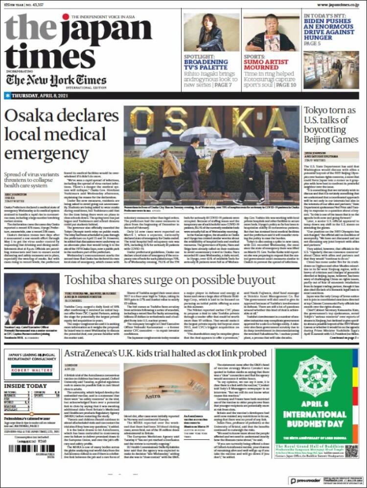 Portada de The Japan Times (Jap&oacute;n)