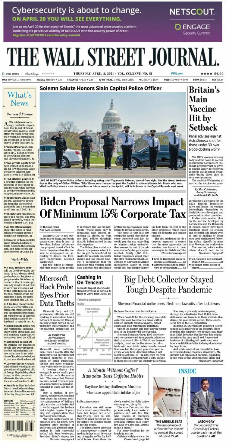 Portada de Wall Street Journal (États-Unis)