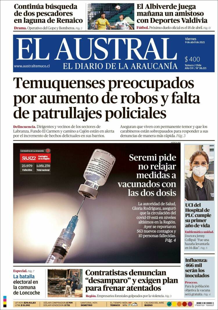 Portada de El Austral de Temuco (Chile)