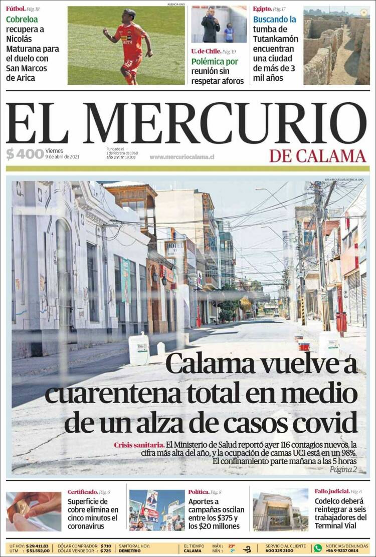 Portada de El Mercurio - Calama (Chile)