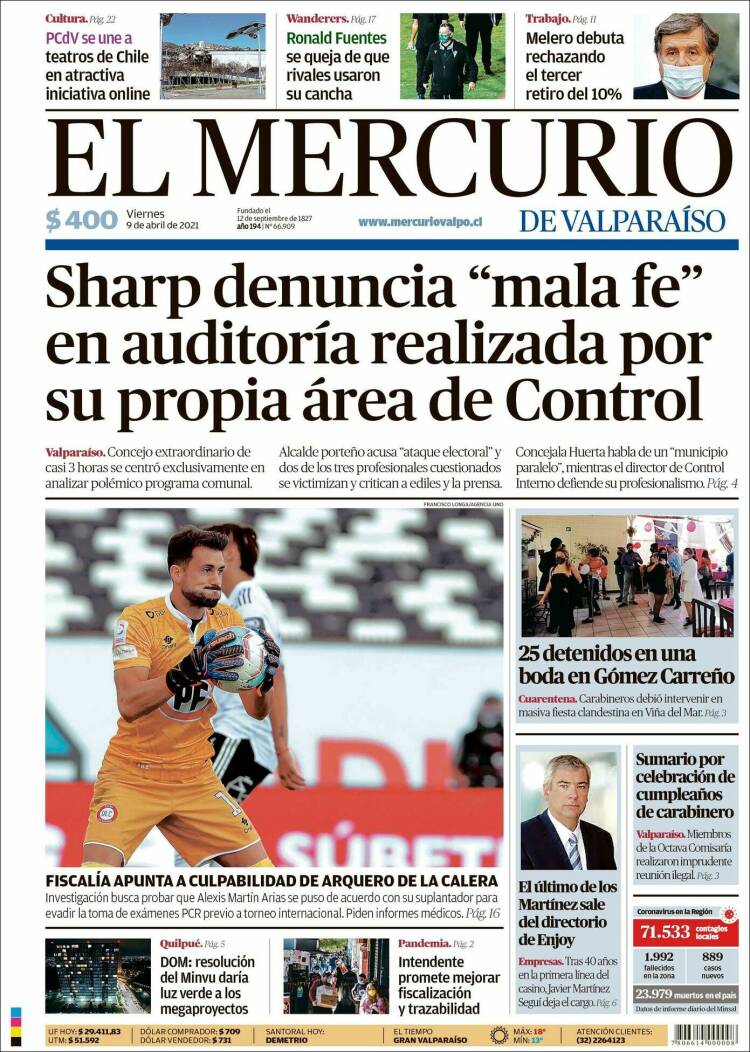Portada de Mercurio de Valparaiso (Chile)