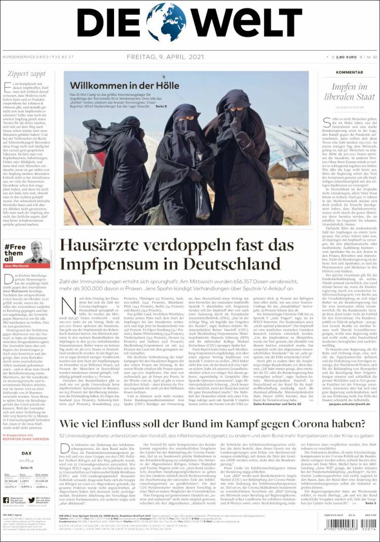 Portada de Die Welt (Alemania)