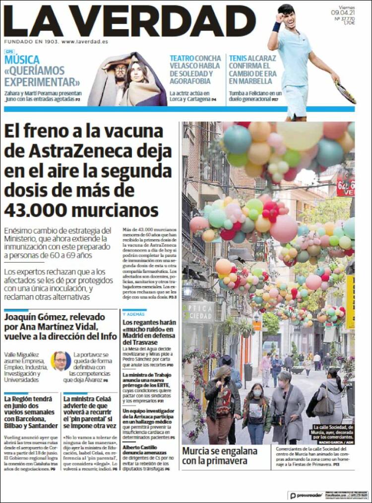 Portada de La Verdad de Murcia (Espa&ntilde;a)