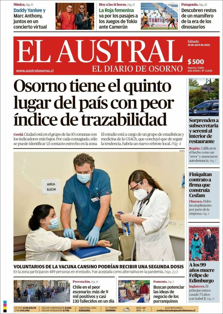 Portada de El Austral de Osorno (Chile)