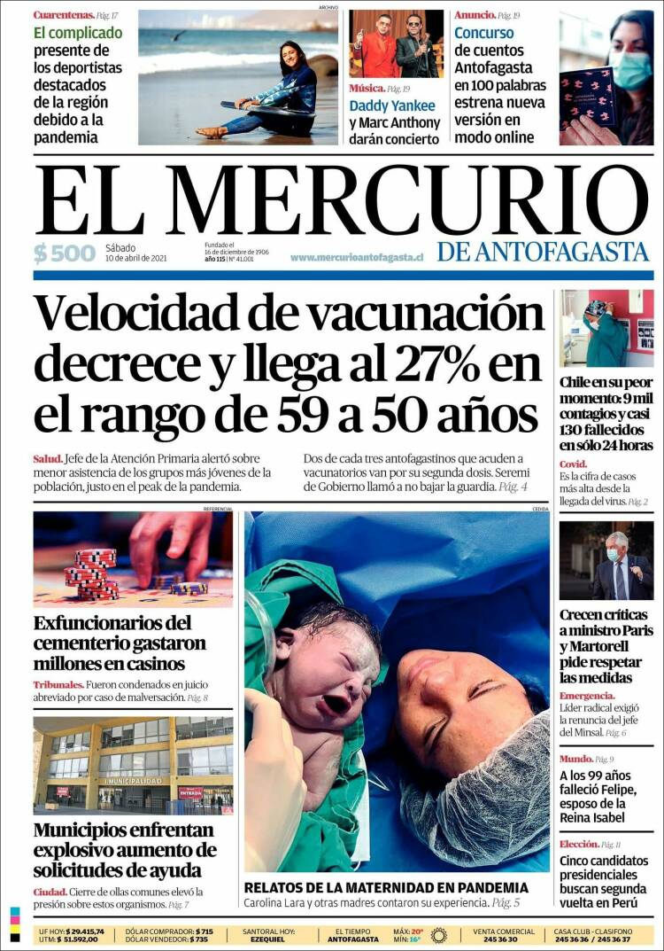 Portada de El Mercurio de Antofagasta (Chile)