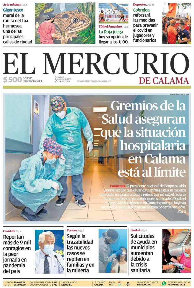 Portada de El Mercurio - Calama (Chile)