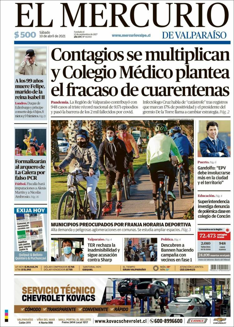 Portada de Mercurio de Valparaiso (Chile)