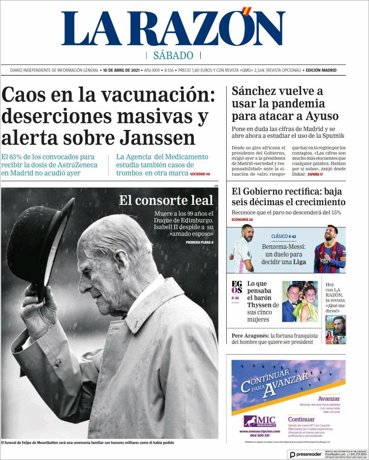 Portada de La Razón (España)