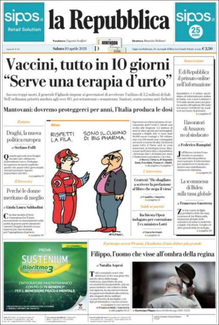 Portada de La Repubblica (Italia)